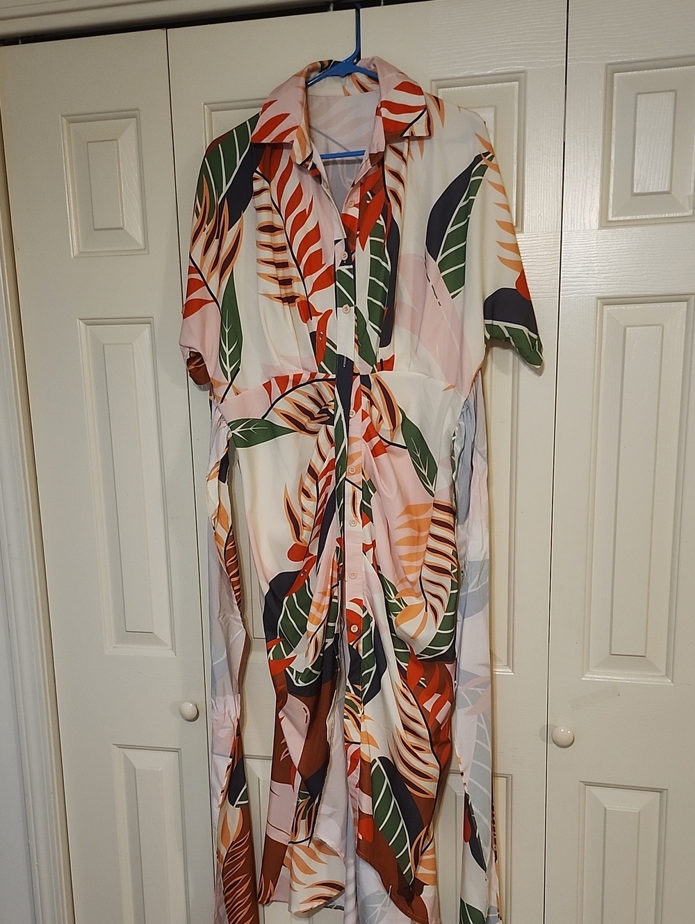 Tropical Leaf Print Button-Front Maxi Dress - Cream Multi